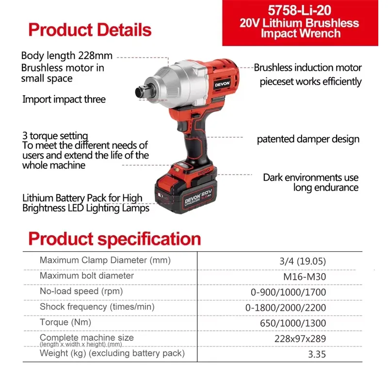デボン 20V 大トルク 3段階トルク設定 インパクトレンチ - Torque Wrench のレビューと価格